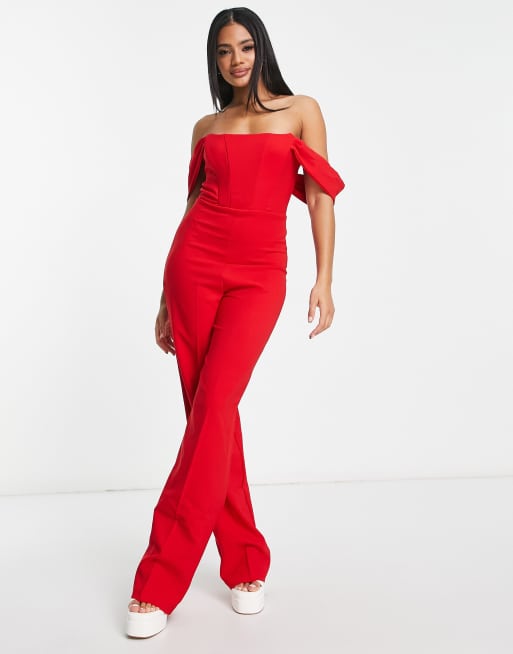 Red off the sales shoulder jumpsuit