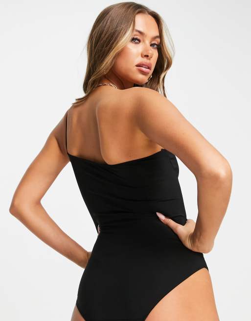 Trendyol one shoulder cut out bodysuit in black