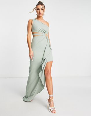 Trendyol one shoulder maxi dress with ruffle detail in sage - ASOS Price Checker