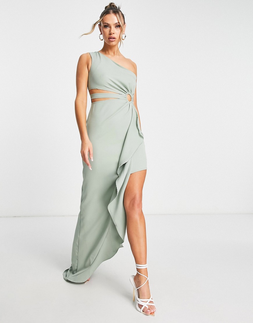 Trendyol one shoulder maxi dress with ruffle detail in sage-Green