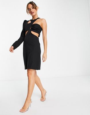 Trendyol one sleeve mini dress with abstract cut out detail in black