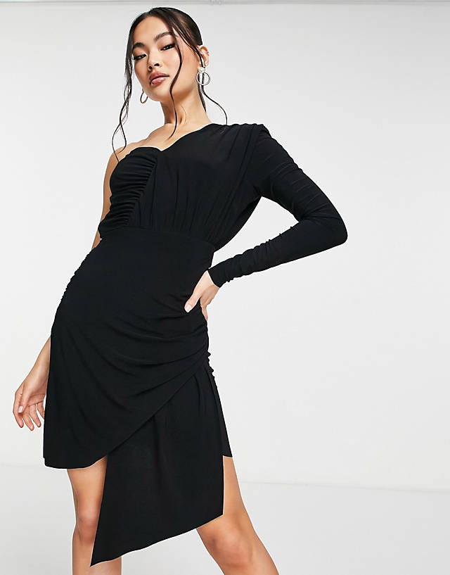 Trendyol one sleeve mini dress with drape detail in black