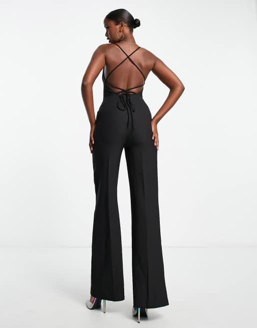 Trendyol open back wide leg jumpsuit in black