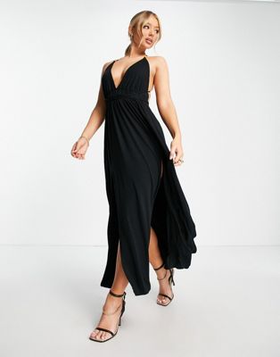 Trendyol plunge front maxi dress in black