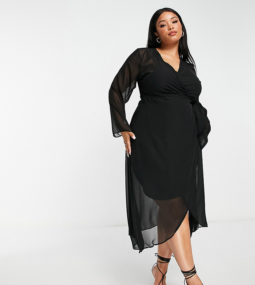 Trendyol plus bell sleeve midi dress with mesh overlay in black