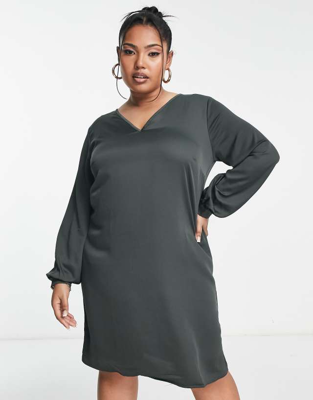 Trendyol plus long sleeve satin mini dress with back detail in slate