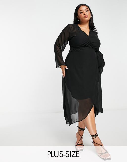 Trendyol Plus - Midi jurk met klokmouwen en mesh overlay in zwart