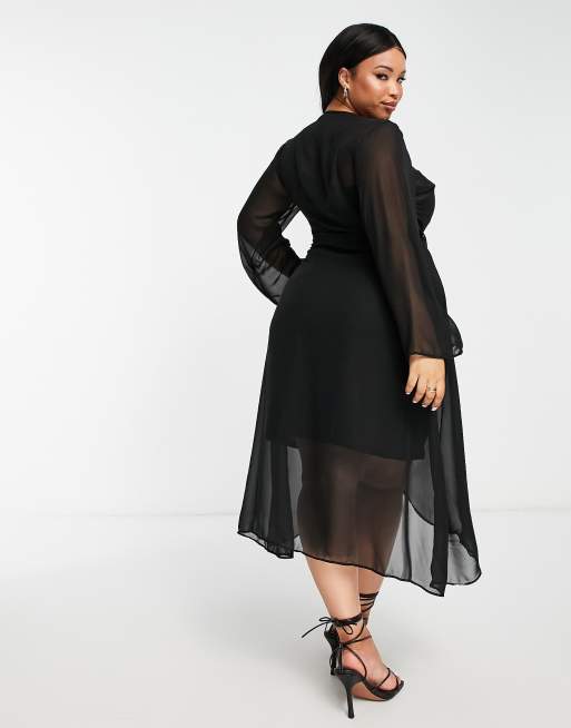Trendyol Plus - Midi jurk met klokmouwen en mesh overlay in zwart, 2 van 4