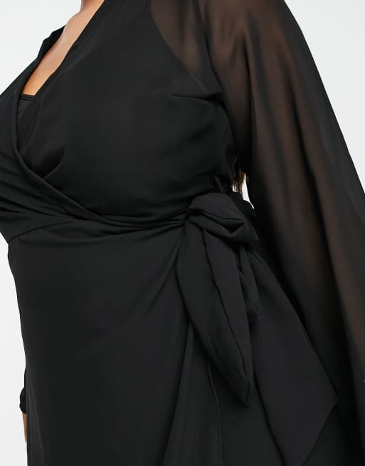 Trendyol Plus - Midi jurk met klokmouwen en mesh overlay in zwart, 3 van 4
