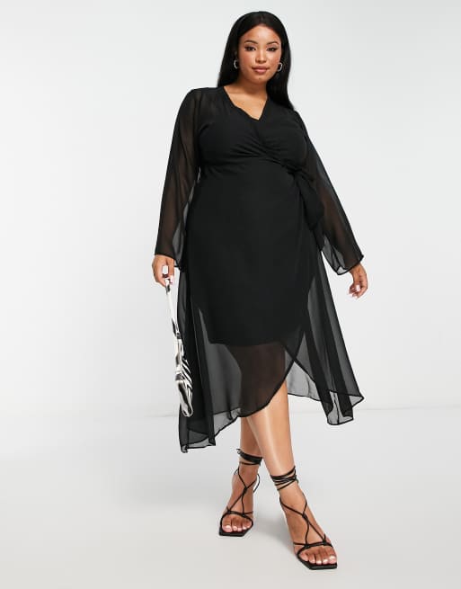 Trendyol Plus - Midi jurk met klokmouwen en mesh overlay in zwart, 4 van 4