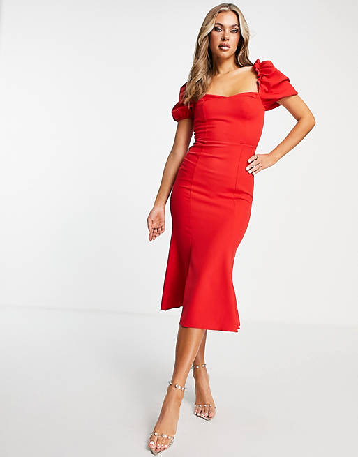  Trendyol puff sleeve midi dress in red 