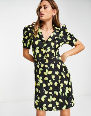 Trendyol puff sleeve mini dress in lemon print