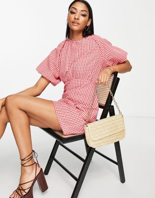 Trendyol puff sleeve mini dress in red gingham check