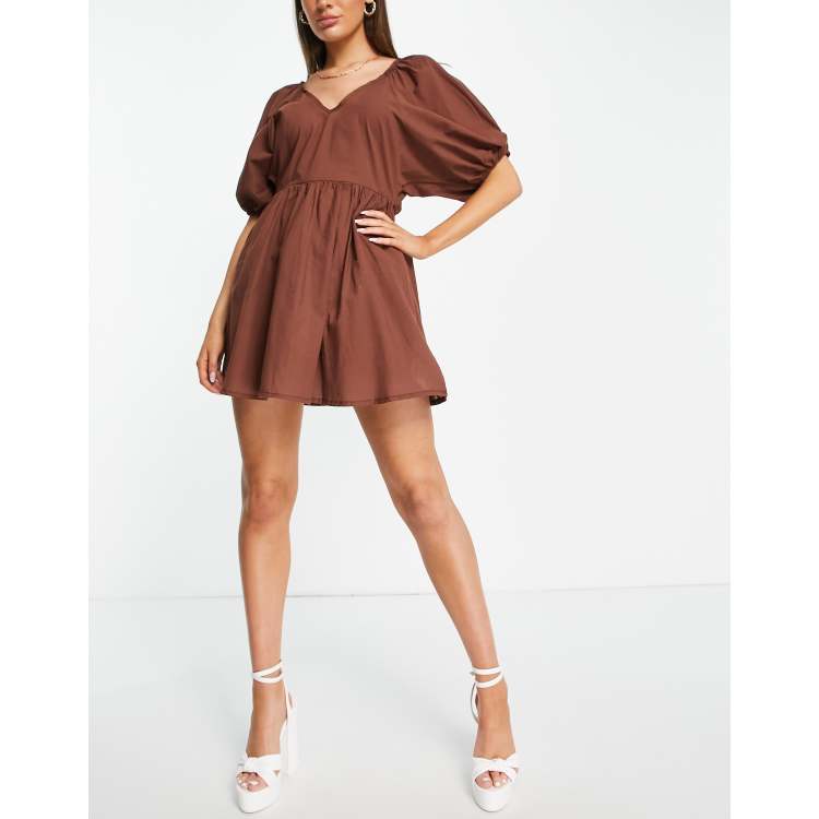 Trendyol puff sleeve mini smock dress in brown | ASOS