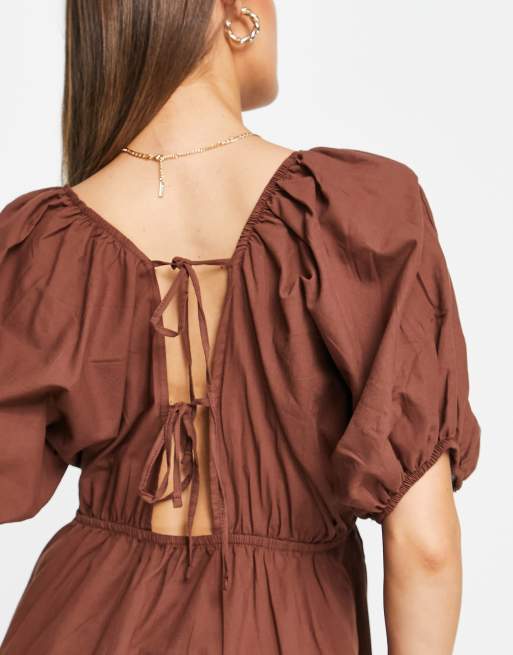 Trendyol puff sleeve mini smock dress in brown | ASOS