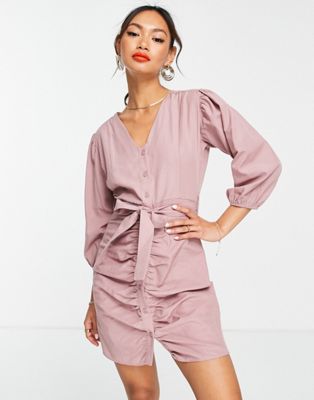 Robes du soir Trendyol - Robe courte à fronces nouée à la taille - Rose blush