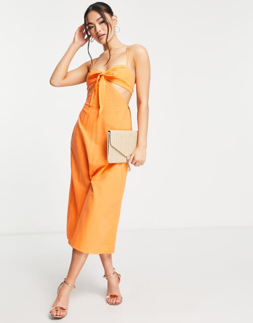 Trendyol - Robe mi-longue nouée sur le devant à fines bretelles - Orange