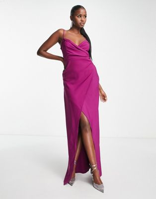 Robe portefeuille longue à bretelles fines – Prune-Violet