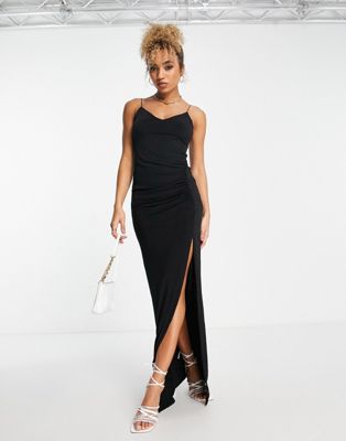 Trendyol ruched maxi dress with thigh split in black - ASOS Price Checker