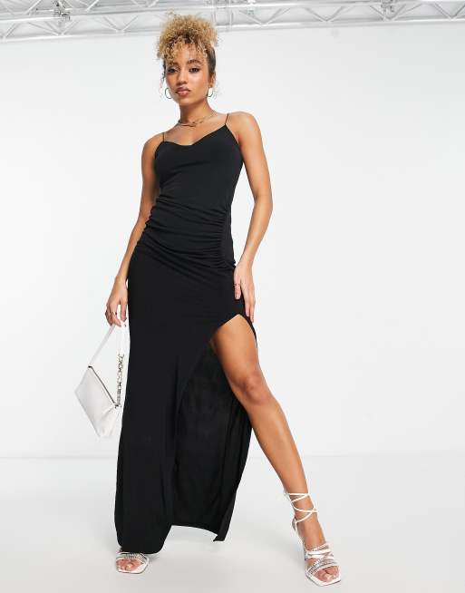 Trendyol ruched maxi dress with thigh split in black