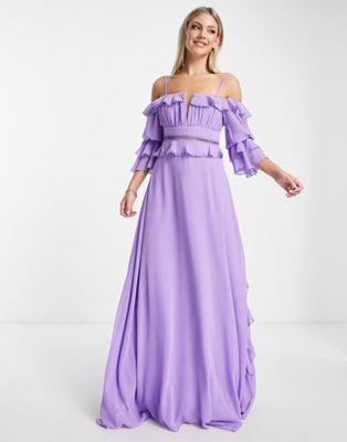 Trendyol ruffle bandeau sleeve dress in purple - ASOS Price Checker