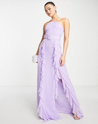 Trendyol split ruffle halter neck maxi dress in lilac