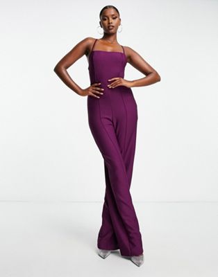 square neck cami jumpsuit in plum-Purple