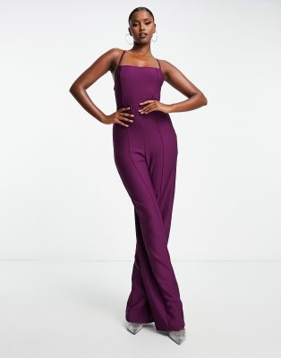 square neck cami jumpsuit in plum-Purple