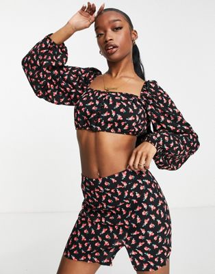 Trendyol square neck crop top and mini skirt in rose print co-ord set