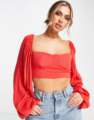 TRENDYOL Trendyol square neck crop top with balloon sleeve in red