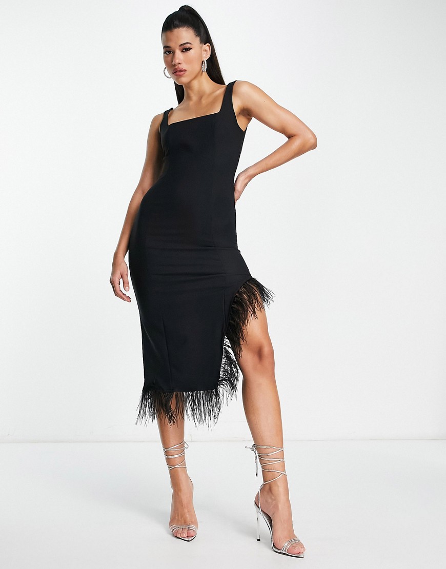 Trendyol Square Neck Midi Dress With Asymmetric Faux Feather Hem-black