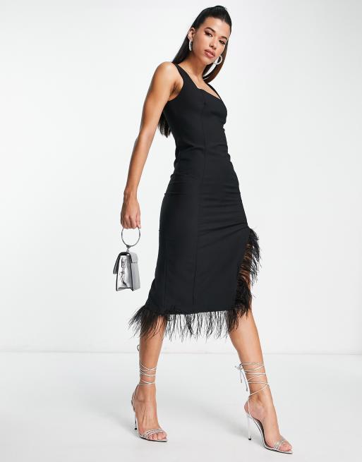 Trendyol square neck midi dress with asymmetric faux feather hem