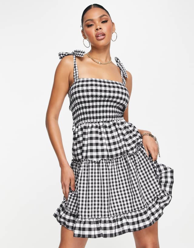 Trendyol square neck mini dress in patchwork gingham