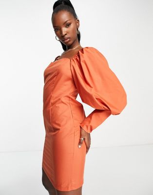 Trendyol structured mini dress with puff sleeve in orange - ASOS Price Checker
