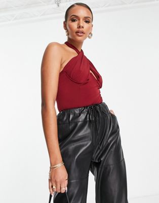 Trendyol structured plunge front body in red - ASOS Price Checker