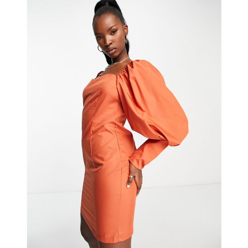 Trendyol – Strukturiertes Minikleid in Orange mit Puffärmeln
