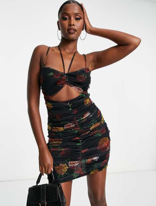 Trendyol – Sukienka mini z dekoltem halter i wycięciami w kwiatowy wzór