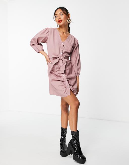 Trendyol tie waist mini dress with ruching detail in blush pink