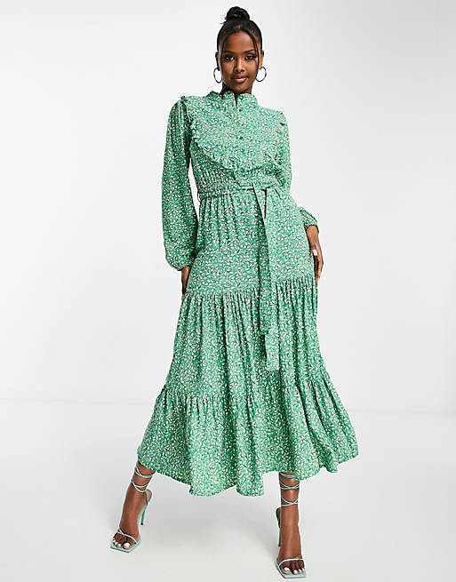 Dresses Trendyol tiered maxi dress with balloon sleeves in green floral 