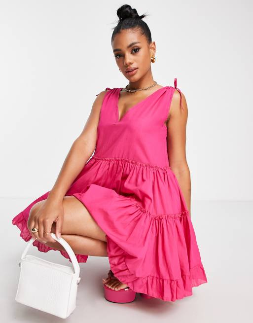 Trendyol tiered mini smock dress in hot pink | ASOS