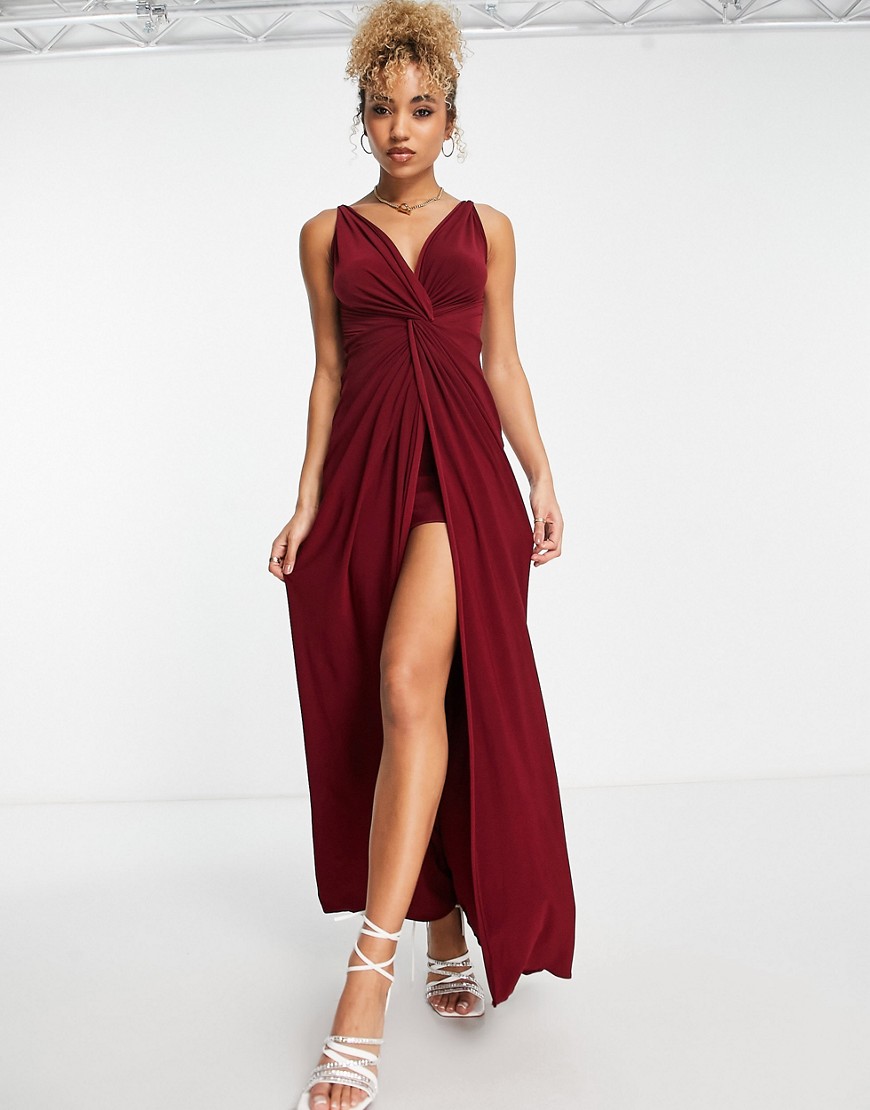 twist front maxi dress in burgundy-Red