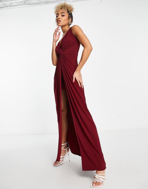 Burgundy bardot v plunge maxi clearance dress