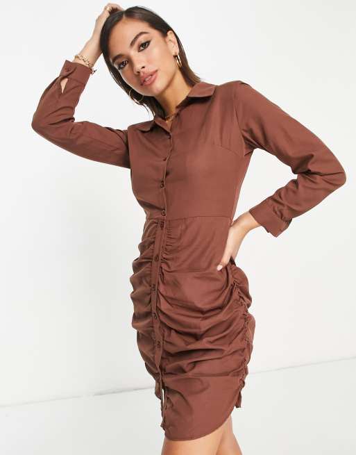 Trendyol - Vestitino camicia corto marrone con dettagli arricciati