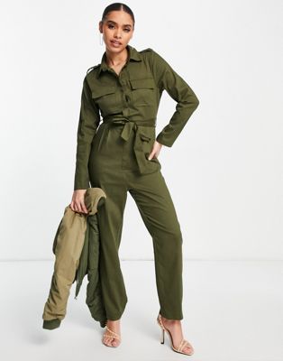 Trendyol utility jumpsuit with long sleeves in khaki