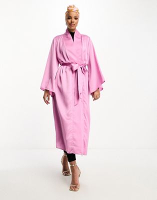 Trendyol Wide Sleeve Belted Dress In Hot Pink Satin
