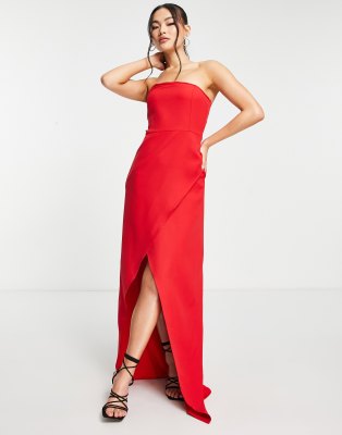 wrap bandeau maxi dress with leg slit in red