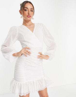 wrap front mini dress with mesh balloon sleeves in white