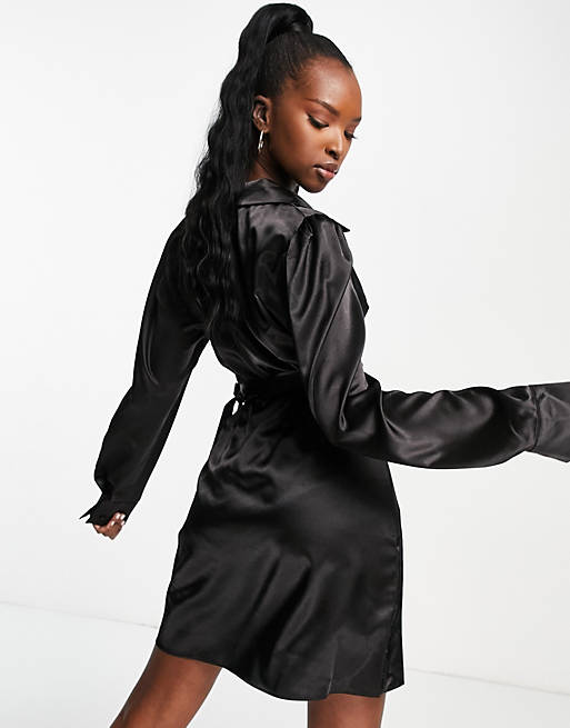  Trendyol wrap front mini shirt dress in black satin 