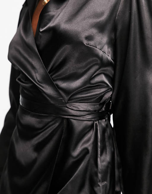 Trendyol wrap front mini shirt dress in black satin 
