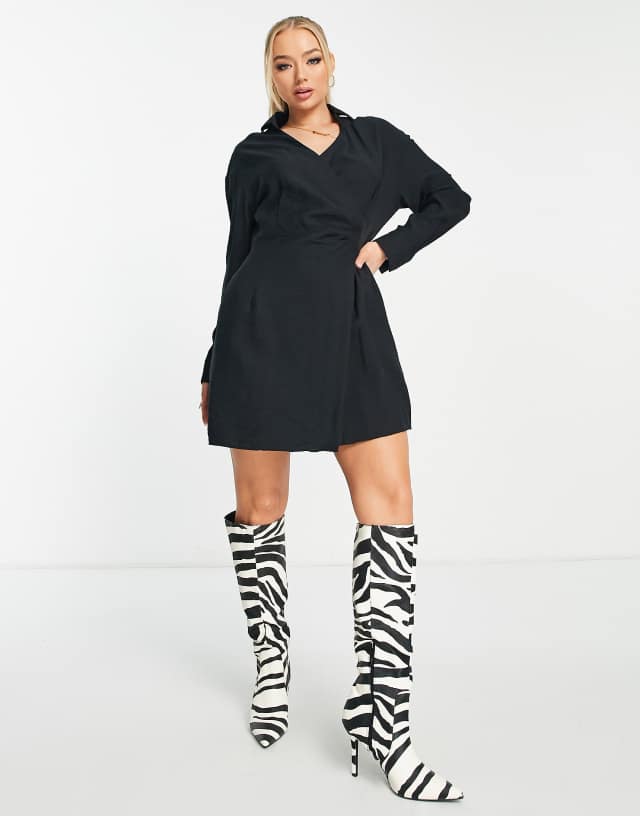 TRENDYOL - wrap front mini shirt dress in black